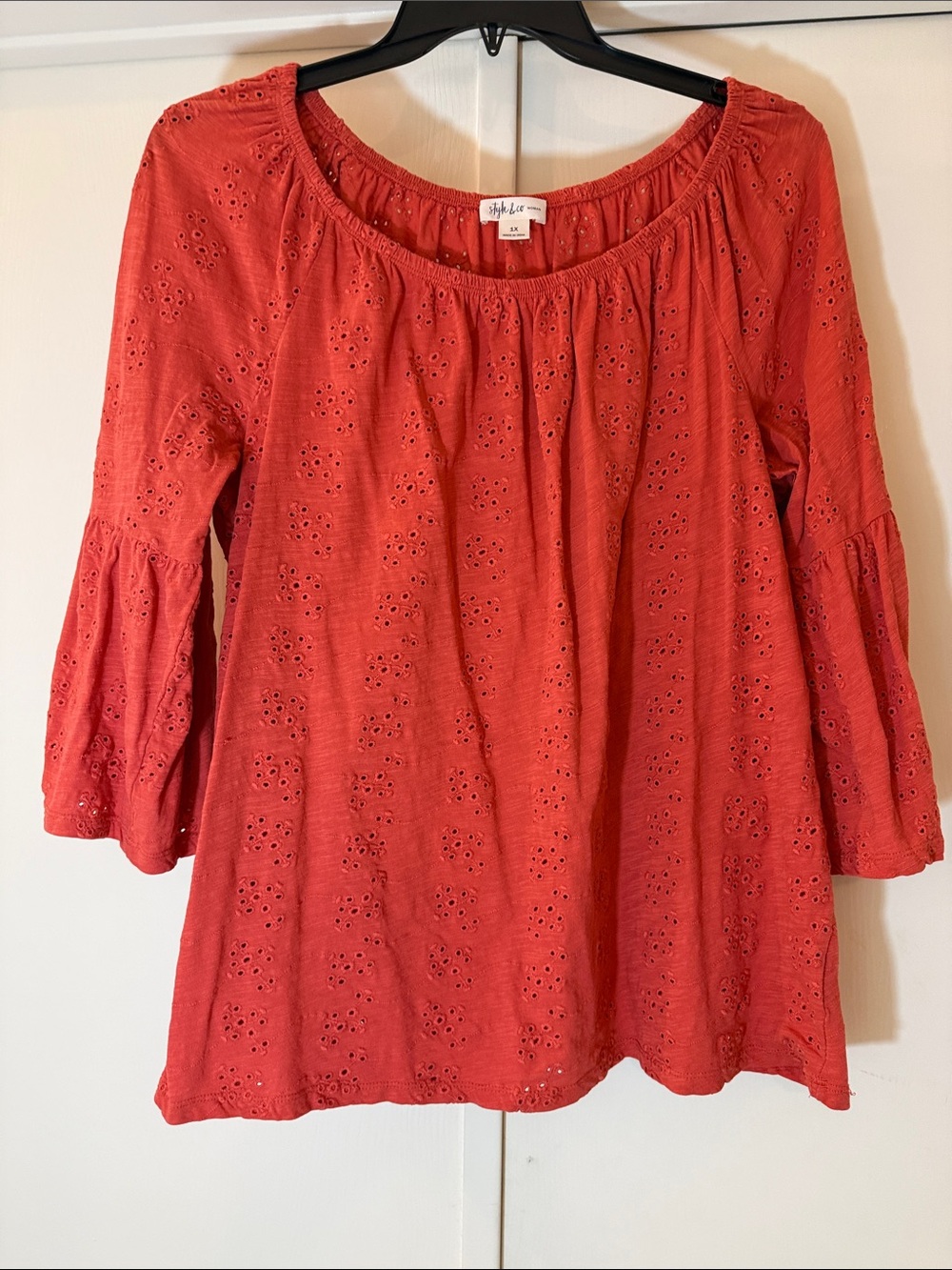 Style & Co. Coral Red Eyelet Peasant Tunic Top